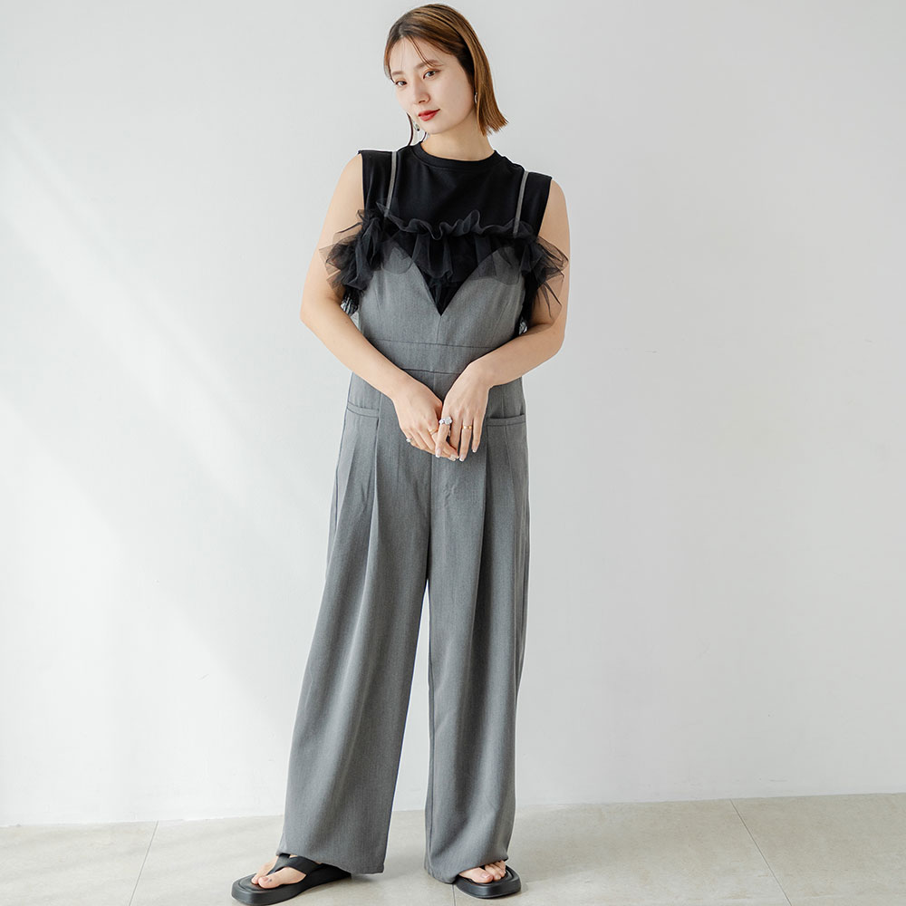 ビスチェオールインワン レディース ボトムス パンツ オールインワン ビスチェ風 ワイド タック グレー ブラック 大人カジュアル 上品 rectangle