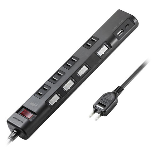 サンワサプライ 節電タップ 2P形状 4個口 1m ブラック TAP-B107UC-1BK【メーカー直送】