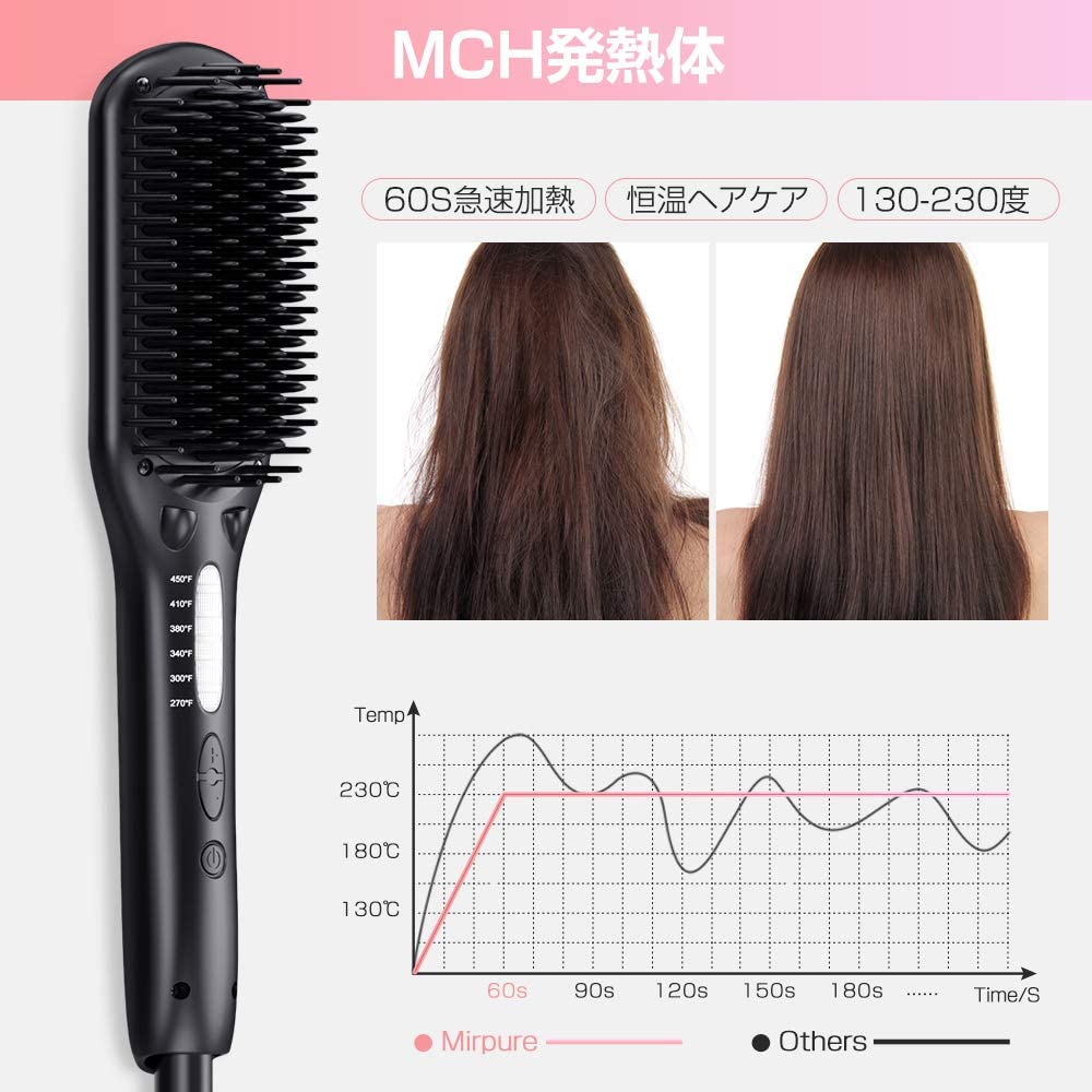 ヘアアイロン ストレートブラシ ダブルマイナスイオン アイロンブラシ 温度調節可 130℃から230℃ 急速加熱静 電気防止 火傷防止 自動オフ機能 海外対応 PSE認証済 日本語説明書付き 送料無料 【MiroPure正規品】