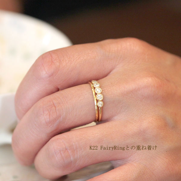 ☆つけ心地のよい指輪です☆ほんのりブラウン・クラリティーVS☆ひっかかりません プチファイブダイヤモンドリング18金 合計0.24ctダイヤミル打ちアンティークな細い指輪 結婚5周年記念エンゲージリング婚約指輪