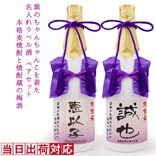 楽天絆を深める応援団　楽天市場店古希 お祝い 焼酎 梅酒 720ml×2本セット 名入れ 『紫のちゃんちゃんこを着た 名入れラベル酒』 ＜本格麦焼酎とすっきり梅酒のセット＞ 【白ボトル お酒 ペアボトル 古希祝い 70歳 両親 父 母 男性 女性 古希のお祝い プレゼント 誕生日 ちゃんちゃんこ酒 贈り物 ギフト】