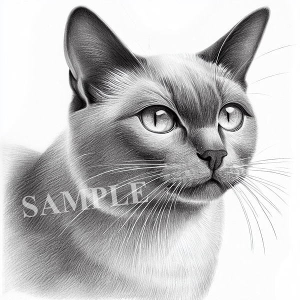 AI生成画像：動物　猫　バーミーズ　ペンシル画 #009972