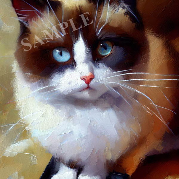 AI生成画像：動物　猫　スノーシュー　油彩画 #009982