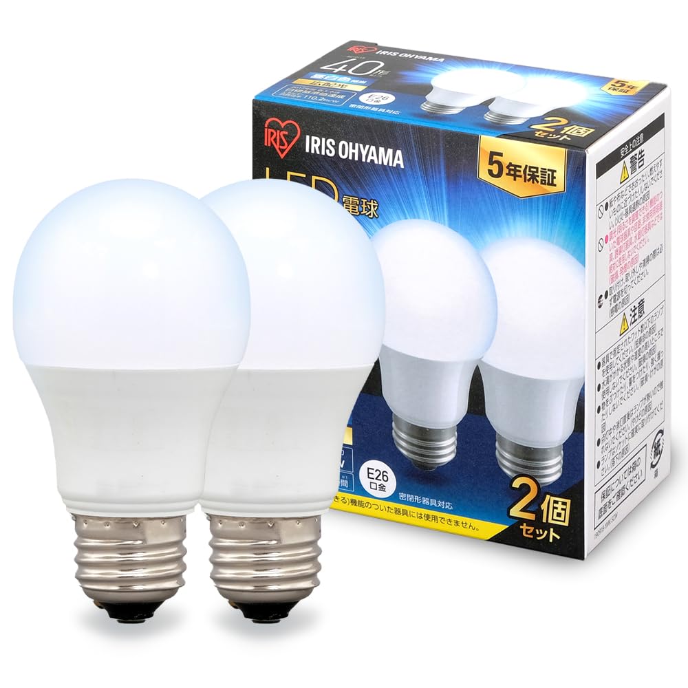 アイリスオーヤマ LED電球 口金直径26mm 広配光 40W形相当 昼白色 2個パック 密閉器具対応 LDA4N-G-4T62P