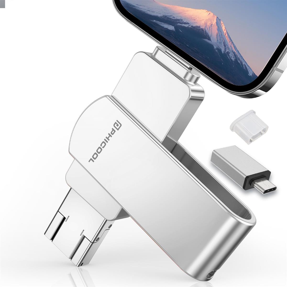 アプリ不要！256GB 4in1 phone対応直結写真即保存Phone用/Androidスマホ/pad/PCから 直接 usb に 写真データ保存/移す/バックアップ可能 hdd外付けストレージ 容量不足解消 メモリースティックコンパクト設計 usb メモリ- (銀, 256, GB)