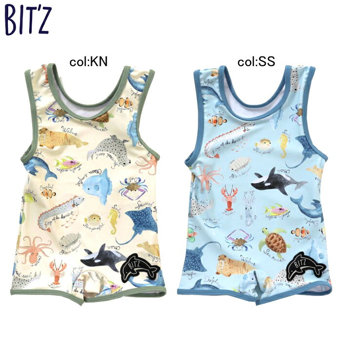 【30%off SALE】【BIT'Z ビッツ】B276022◇海の生き物図鑑柄グレコ水着◇海の生き物さんが水彩タッチで描かれていてとってもオシャレなグレコ水着！【ベビー＆キッズ服】◎メール便可