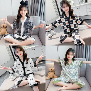 4type選べる!キッズ パジャマ 韓国 女の子 パジャマ パンツセット 春夏 半袖 クマ柄 子供服 ルームウェア 寝巻き かわいい 子供 ネグリジェ 部屋着 ジュニア 寝間着 女児 クロップドパンツ 七分丈 110-170cm