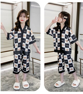 4type選べる!キッズ パジャマ 韓国 女の子 パジャマ パンツセット 春夏 半袖 クマ柄 子供服 ルームウェア 寝巻き かわいい 子供 ネグリジェ 部屋着 ジュニア 寝間着 女児 クロップドパンツ 七分丈 110-170cm