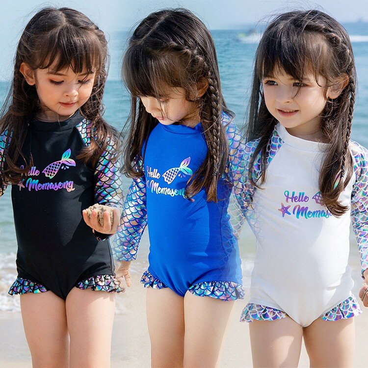 キッズ 水着 女の子 子供用 ワンピース オールインワン こども ベビー水着 人魚姫 マーメイド レーザー ラグラン袖 長袖 ラッシュガード UVカット みずぎ 可愛い 幼稚園 保育園 水遊び プール 海 温泉 海水浴 リゾート 旅行 水泳帽付き
