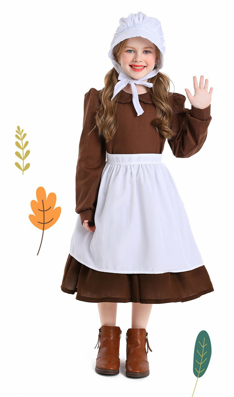 ハロウィン 女の子 衣装 ヨーロッパ風 子供 ガラスの靴のお姫様 羊飼いの少女 農場さん コスプレ ブラウン ワンピース シャツ エプロン 頭巾 コスチューム キッズ 小学生 おしゃれ 可愛い 仮装 学園祭 文化祭 イベント 万聖節 パーティー 仮装大会 演出 舞台劇 XS~XL