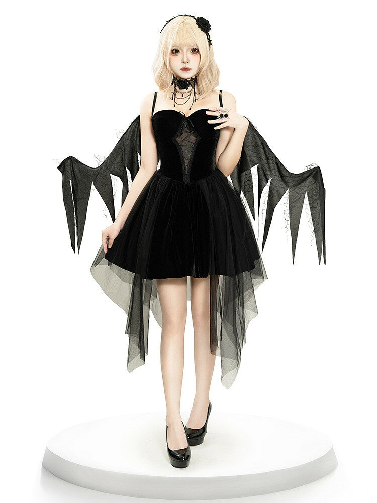 ボニールのベルベット生地 ハロウィン コスプレ 衣装 レディース 魔女 悪魔 コスプレ ヨーロッパ風 宮廷風 デビル ゴシック レッド ブラック ワンピース チュールスカート バラカチューシャ 翼 コスチューム おしゃれ 文化祭 イベント 万聖節 パーティー 仮装大会 舞台劇｜アングル2