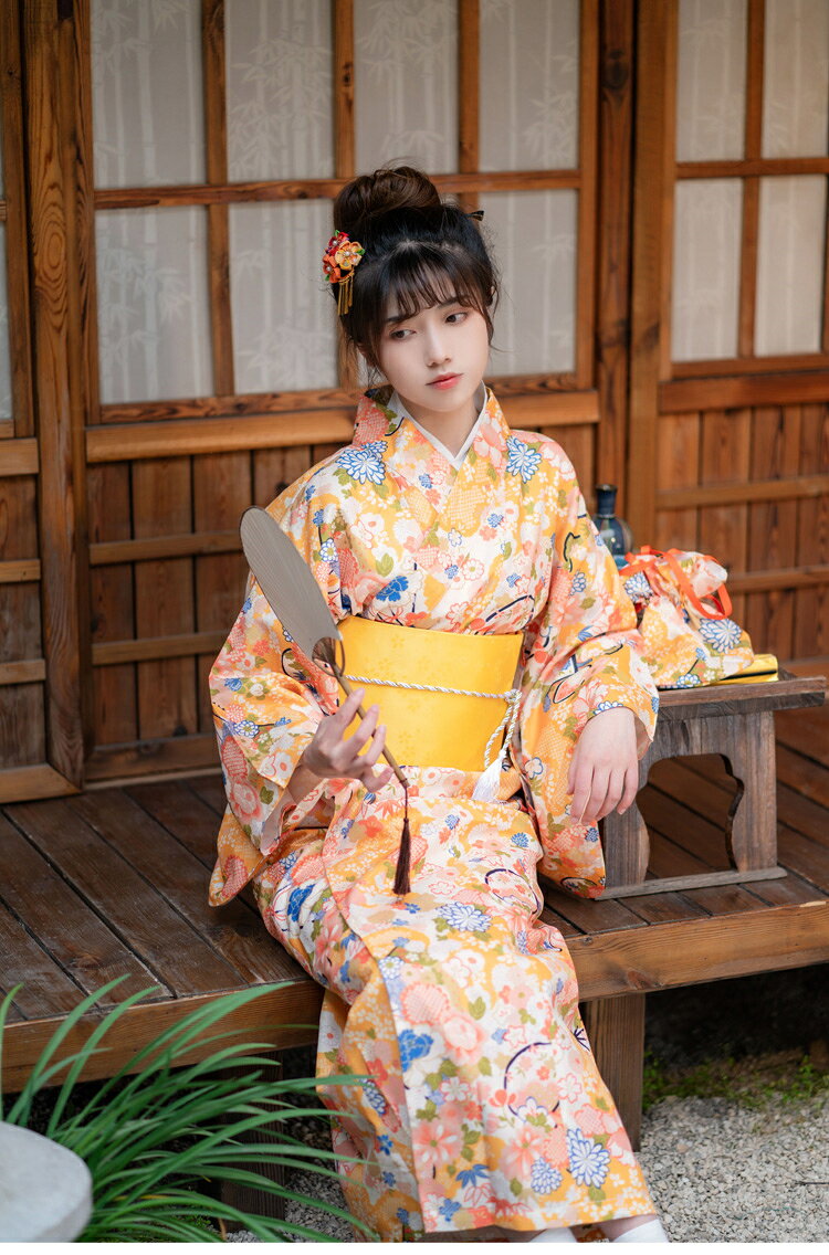 黄色 菊 浴衣 単品OR3点セット 着物 イエロー ブルー 花柄 サクラ 植物 和柄 レトロ 大正浪漫 きれいめ エレガント 夏祭り お出かけ 花火大会 食事会 盆踊り 文化祭 YUKATA 夏 女性用 大人 高校生 巾着 作り帯 半幅帯 ゆかた 可愛い 撮影 送料無料