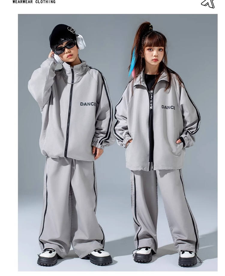 グレー セットアップ ヒップホップ キッズ ダンス衣装 hiphop グレー ジャケット パンツ 女の子 男の子 チアガールズ ダンス K-POP 韓国 ジャズダンス ステージ衣装 単品orセット 110-180cm 2