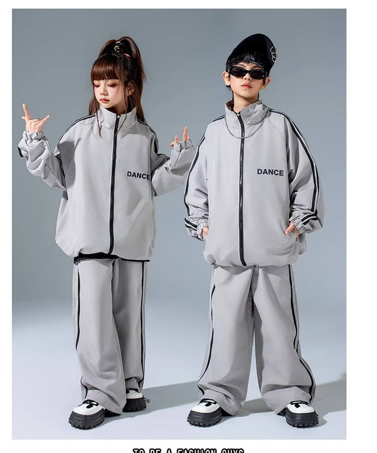 グレー セットアップ ヒップホップ キッズ ダンス衣装 hiphop グレー ジャケット パンツ 女の子 男の子 チアガールズ ダンス K-POP 韓国 ジャズダンス ステージ衣装 単品orセット 110-180cm 3