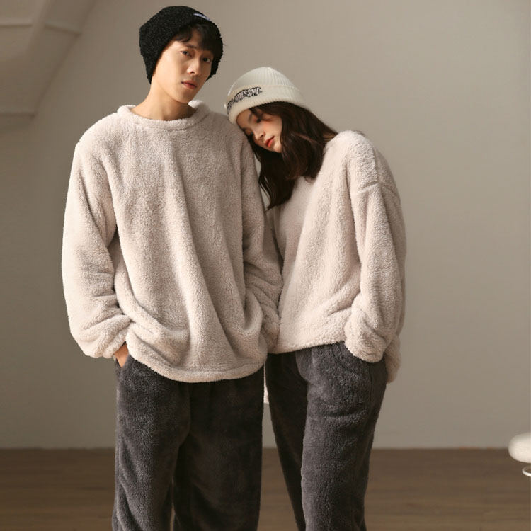 ペアパジャマ 冬 無地 もこもこ ルームウエア 着る毛布 ベージュ 暖かい カップル フランネル 部屋着 ペアルック パンツセット ペアお揃い 寝巻き ナイトウ...