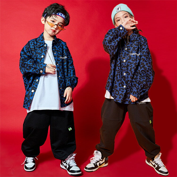 キッズ ダンス 衣装 ヒョウ柄シャツ ヒップホップ 黒パンツ ヒップホップ パンツ 男の子 女の子 トップス サルエルパンツ 子供服 ヒップホップ ダンス衣装 派手 ストリート 原宿系 レッスン ダンスウェア ジャッズ hiphop