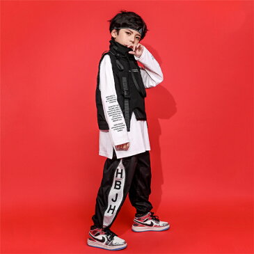 キッズダンス衣装 3点セット カッコイイ ベスト 黒パンツ 長袖シャツ ホワイトトップス ヒップホップ ストリート B系 パンツ hiphop 女の子 男の子 jazz ジャッズ ダンスウェア ジュニア 演奏会 発表会 110-180cm