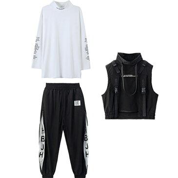 キッズダンス衣装 3点セット カッコイイ ベスト 黒パンツ 長袖シャツ ホワイトトップス ヒップホップ ストリート B系 パンツ hiphop 女の子 男の子 jazz ジャッズ ダンスウェア ジュニア 演奏会 発表会 110-180cm