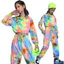 キッズダンス衣装 セットアップ 上下セット チアガール タイダイ染め 長袖 シャツ ダンス衣装 ヒップホップ 子供服 へそ出し 女の子 子供服 ストリート B系 原宿 レッスン ダンスウェア ジャッズ hiphop