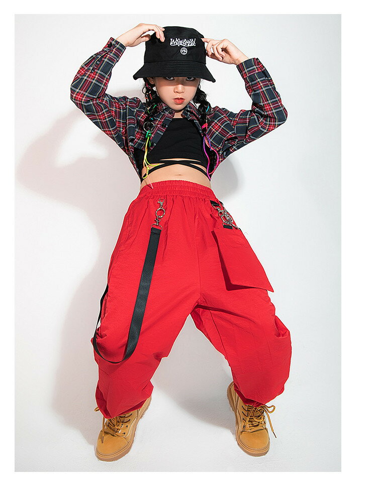 キッズ ダンス衣装 K-POP チェック柄 ジャケット タンクトップ ロングパンツ ヒップホップ ダンス衣装 子供服 ブラウス へそ出し トップス ダンス衣装 hiphop 女の子 ストリート B系 jazz ダンスウェア ジュニア オシャレ 発表会 単品販売 120 130 140 150 160 170