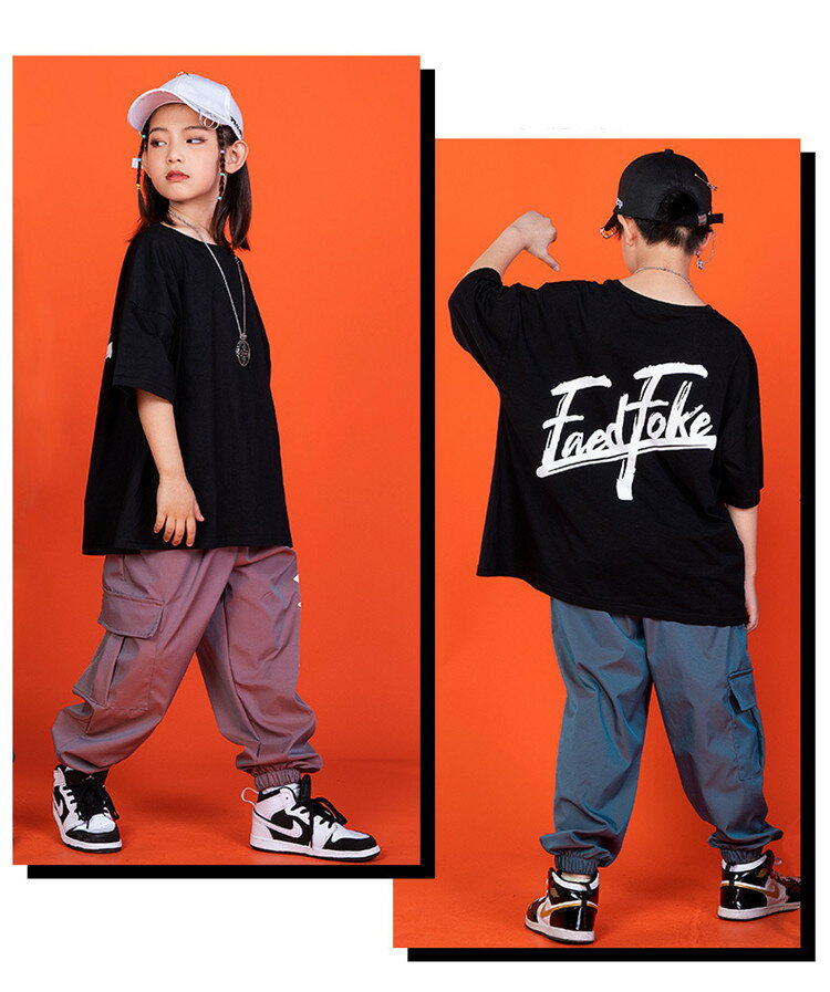 キッズ ダンス 衣装 セットアップ トップス カーゴパンツ カッコイイ 原宿系 男の子 女の子 tシャツ 韓国子供服 セットアップ hiphop ステージ 演出服 舞台 発表会 おしゃれ 上下セット 110-180cm