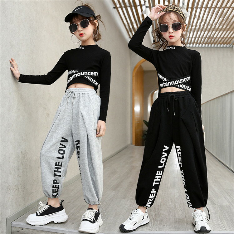 韓国子供服 セットアップ キッズダンス衣装 ヒップホップ ストリート トップス パンツ へそ出し HIPHOP ステージ衣装 応援団 ジャズダンス 女の子セット 発表会 派手 ダンスウェア 2点セット トップス 長袖 練習着 団体服 jazz 発表会 人気