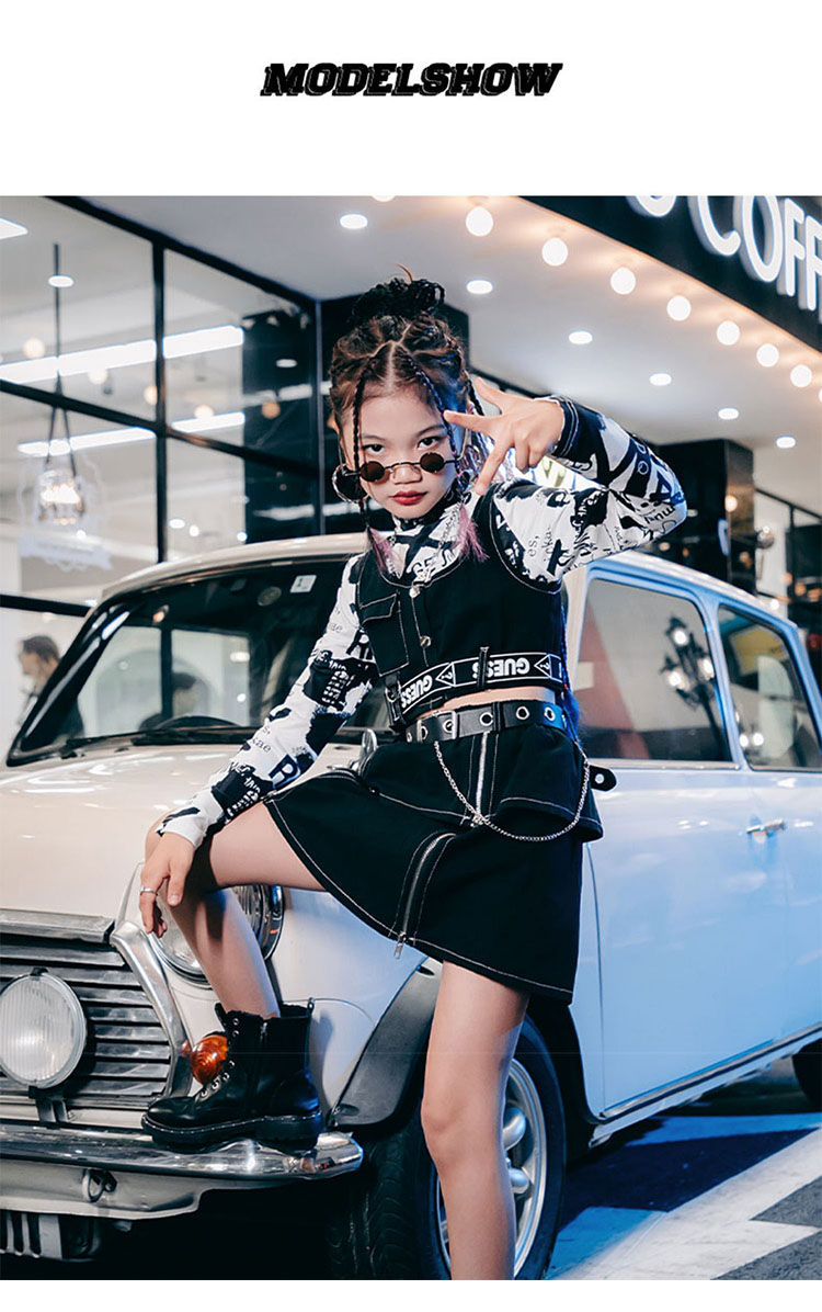 キッズダンス衣装 女の子 セットアップ へそ出し スカート k-pop 韓国 ダンス衣装 ジャズ 子供服 ヒップホップ 派手 トップス チアガール 原宿系 レッスン着 ダンスウェア JAZZ hiphop 120-160cm