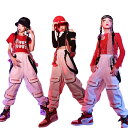ダンス衣装 キッズ 二点セット セットアップ ヘソ出し 腕カバー 長袖 半袖 パンツ ヒップホップ 赤 黒 トレーナー 女の子 チアガール 子供服 派手 ストリ...