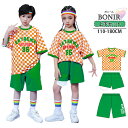 キッズダンス衣装 セットアップ グリーン オレンジ チェック k-pop jazz 半袖 ダンス衣装 tシャツ ダンスtシャツ 子供服 女の子 男の子 男女兼用 オシャレ ダンスウェア ハーフパンツ ヒップホップ ステージ衣装 発表会 110 120 130 140 150 160 170 180