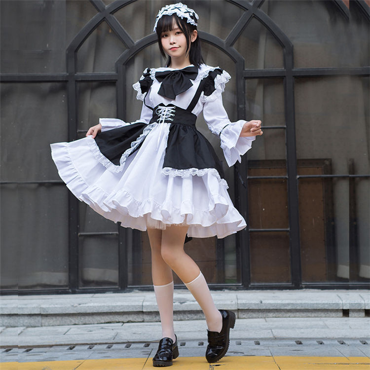 ハロウィン コスプレ ホワイト ブラック メイド服 メイド 仮装 衣装 女性 高校生 魔法使い 可愛い レディース 大人 コスプレ衣装 マンガ喫茶 ドレス 蝶結び 蝶ネクタイ エプロン 黒白 S/M/L/XL