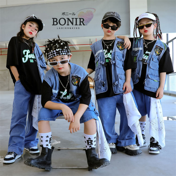 デニムベスト ダンス衣装 キッズダンス トラ 刺繡 ヒップホップ Tシャツ デニム短パン ズボン 女の子 ..