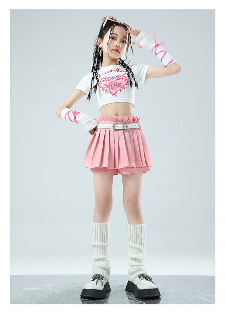 子供服 ダンス衣装 キッズダンス hiphop へそ出し ピンク 黒 白 ハート 半袖 リボ...