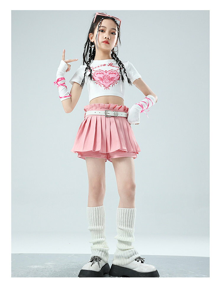 子供服 ダンス衣装 キッズダンス hiphop へそ出し ピンク 黒 白 ハート 半袖 リボ...