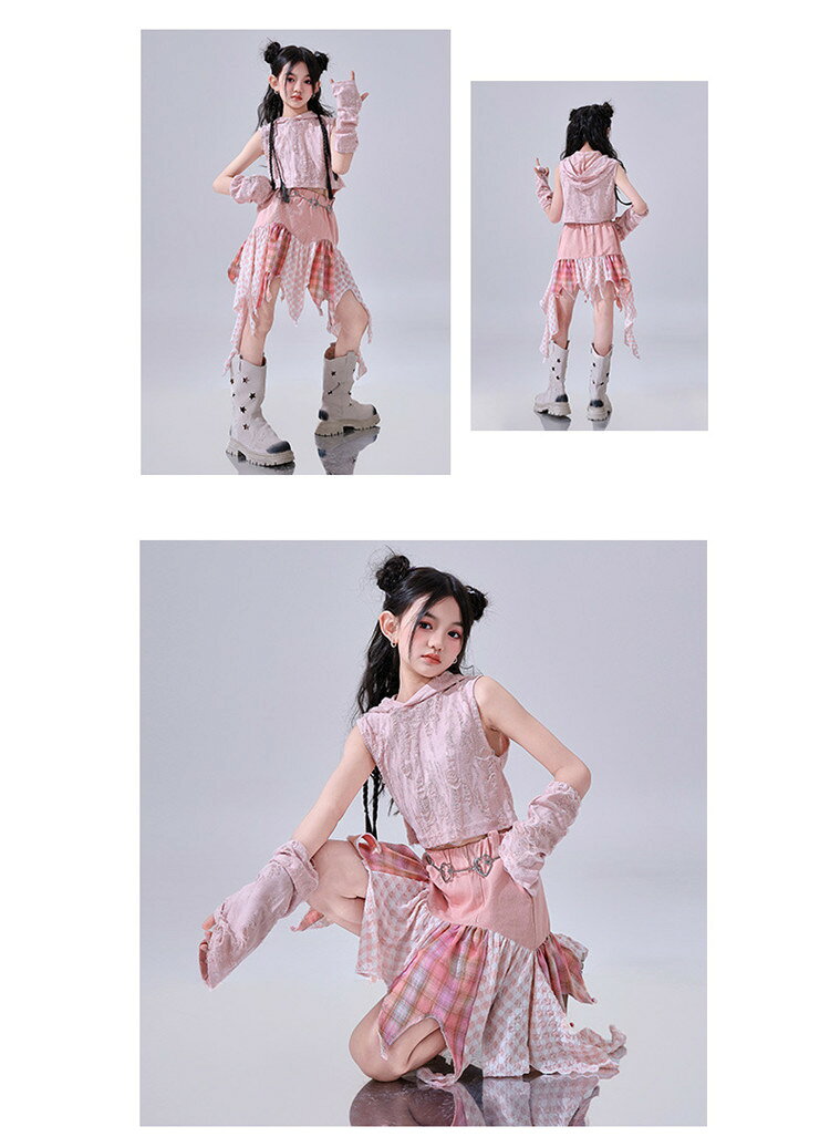 ピンク 女の子 ダンス衣装 K-POP風 アイドル風 Y2K ダメージ フード付 無袖 タンクトップ へそ出し リストカバー アームカバー イレギュラー チェック パッチワークスカート こども ジュニア 子供服 jazz 応援団 jazz 小学生 団体服 hiphop 練習着 発表会 110-180 2