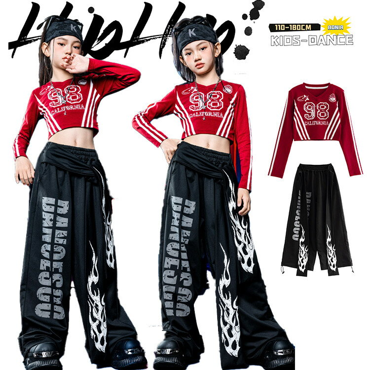 赤 ワインレッド へそ出し 長袖 トップス ダンスウェア 女の子 子供服 キッズ ダンス衣装 ブラック 炎..