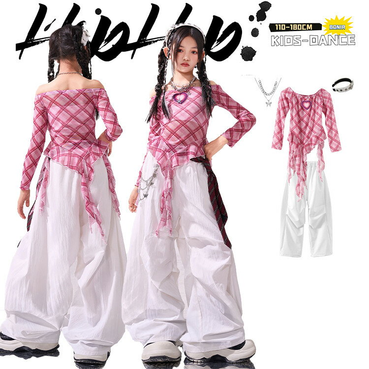 イレギュラー オフショルダー 長袖 へそ出し ピンクチェック ハート柄 イレギュラー 透け感 チュール ..