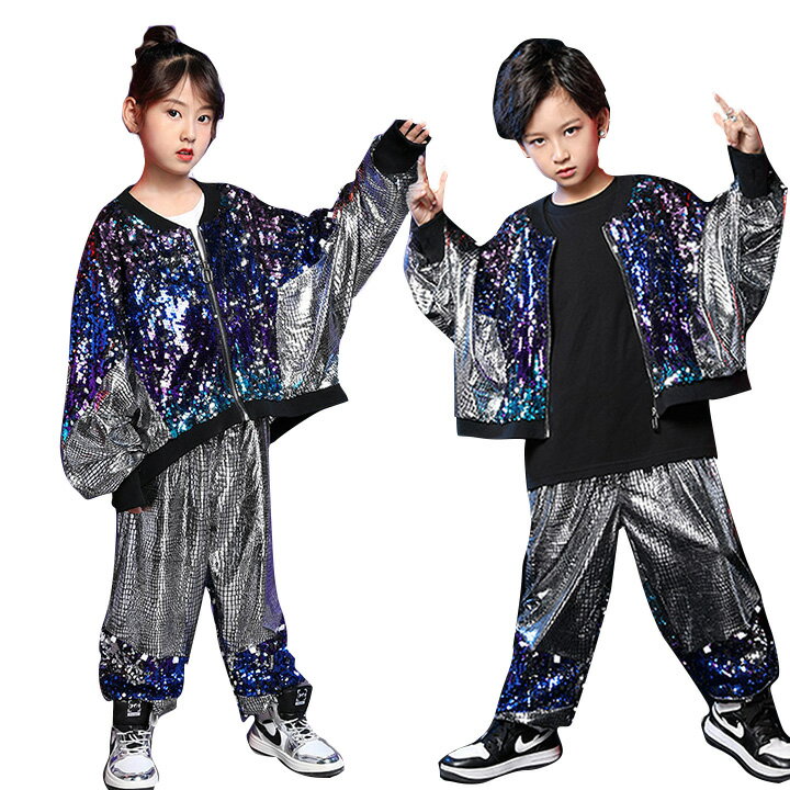 キッズダンス衣装 セットアップ ヒップホップ ダンス衣装 スパンコール ジャケット パンツ 派手 長袖 ..