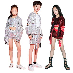 キッズ スパンコール ダンス衣装 キラキラ 女の子 男の子 セットアップ ジャケット ショートパンツ メタリック ジャズ ステージ 演出 jazz 応援団 イベント