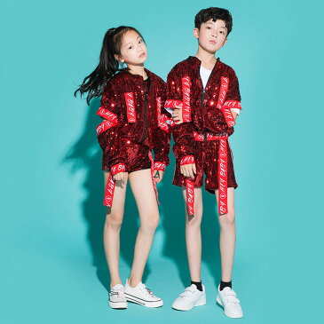キッズ ダンス衣装 スパンコール キラキラ 女の子 男の子 セットアップ ダンス 衣装 ベスト ジャケット パンツ 全7色 ヒップホップ メタリック ジャッズ ステージ 演出 jazz 応援団 イベント メタリック sale 激安