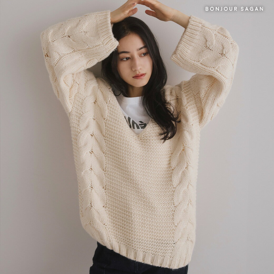 Vネックロープ編みハンドニットプルオーバー 88-004837のサムネイル