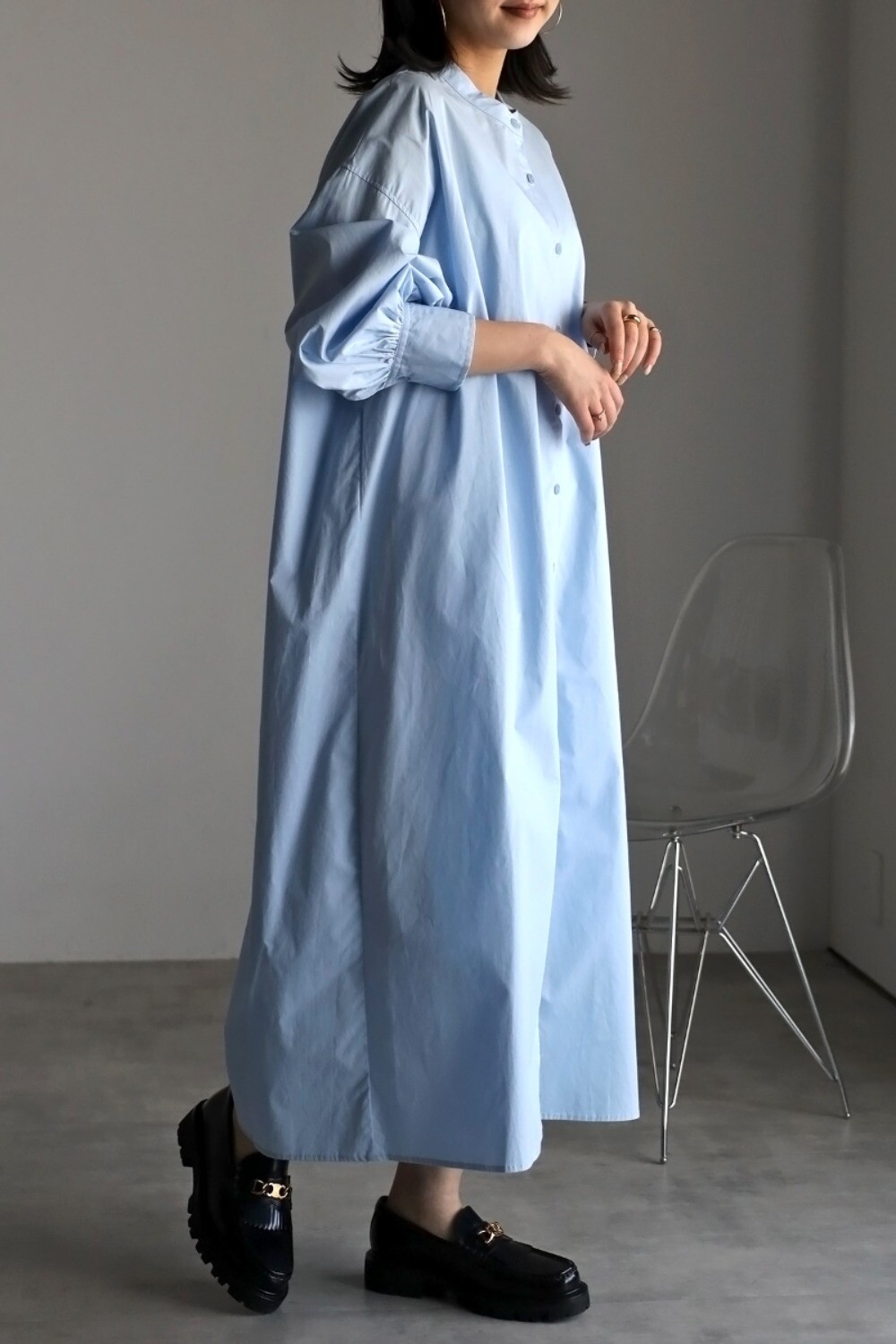 ボリュームスリーブバンドカラーシャツワンピース 77-002117