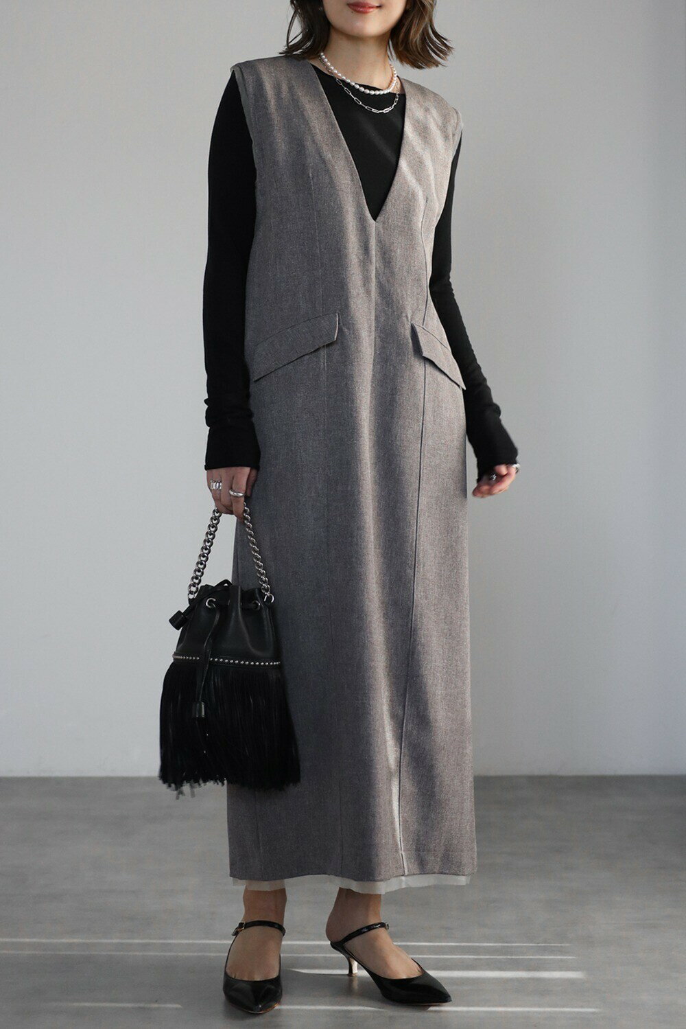 ＼40%OFFクーポンで5544円！27日9:59まで／ ライトツイルレイヤード風Vネックジャンスカ 77-004499