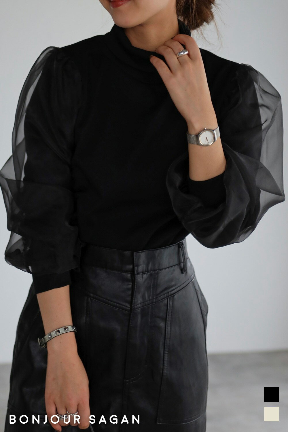 【予約】ニット カットソー ハイネック タートルネック 長袖 パフスリーブ リブ レディース トップス 春 夏 秋 冬 きれいめ 大きいサイズ ゆったり 軽い S/M/L フリー 黒 白 ブラック ホワイト BONJOUR SAGAN ボンジュールサガン 袖オーガンジーリブニットソーのサムネイル