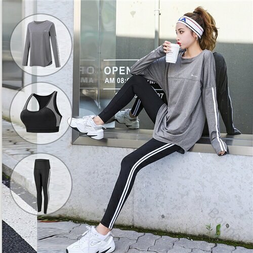 ランニングウェア レディース セット 冬用 3点セット 上下ウェア トップス スポーツブラ 長袖Tシャツ レギンス 吸汗速乾 おしゃれ かわいい ジム ヨガ スポーツウエア 女性 女子 春秋秋冬 夏 黒 紫 灰色 ピンク