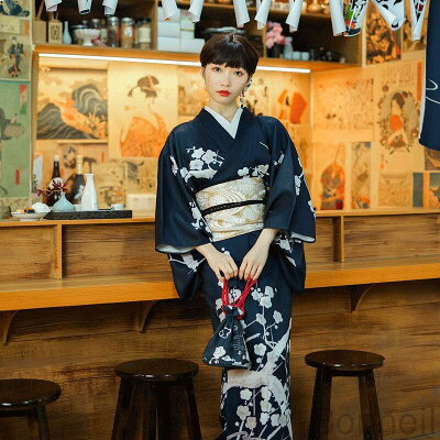 浴衣 帯付きの着物 レディース 大人っぽい 梅の花 シックなデザイン 女性用 単衣着...
