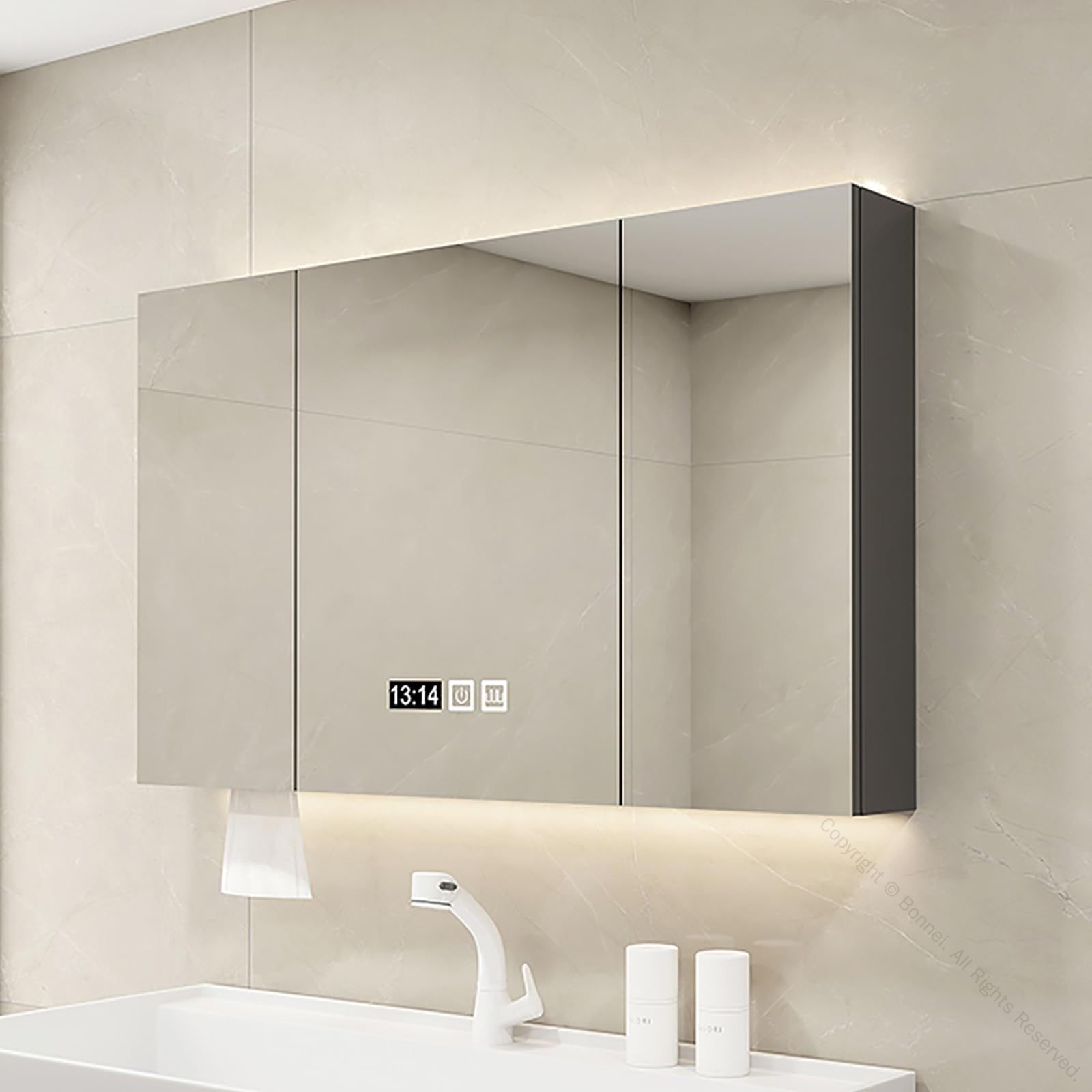 ポイント3倍 7月限定 多機能壁掛けミラーキャビネット 浴室お風呂鏡 スマート調光機能付き LED照明ミラ..