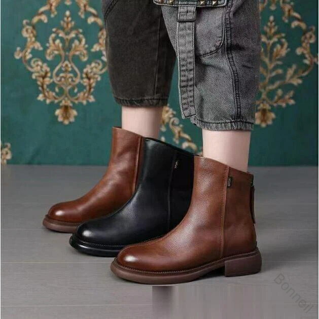 ブーツ レディース ショートブーツ 本革 黒ブーツ ローヒール ペタンコ靴 厚底 ヒール3.5cm 美脚 秋冬..