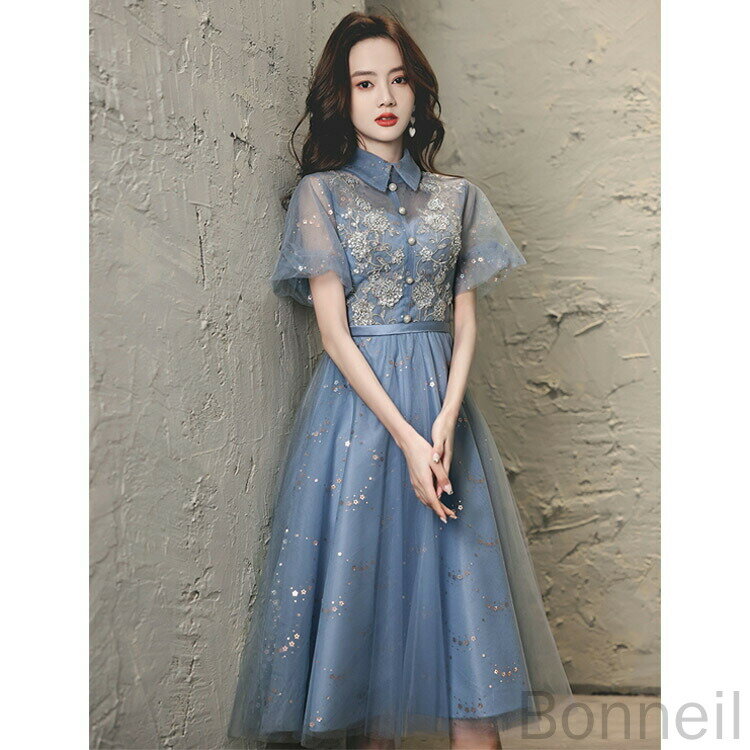 結婚式ドレス 二次会ドレス ブルー 襟付き 可愛い パーティードレス 成人式 同窓会 謝恩会 ミモレ丈 花柄 スパンコール ミディアム丈 パフスリーブ オシャレ イブニングドレス Aライン XS S M L XL XXL XXXL対応