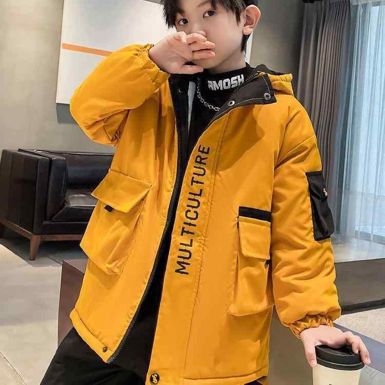 子供用コート キッズ 男の子 中綿入り ジャケット 秋冬用 厚手 フード付き 防風アウター ミドル丈 8歳以上 140cm以上 ブラック イエロー 防寒 普段使...