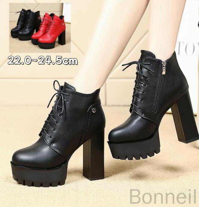 ポインテッドトゥ ショートブーツ レディース ブーツ PUレザー 厚底靴 ハイヒール 太めヒール チャンキーヒール エンジニアウエスタン ジョッキーブーツ アン...